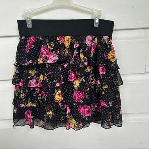 Joe Benbasset Womens Juniors Sz M Mini Skirt Black Pink Dot Floral Ruffle